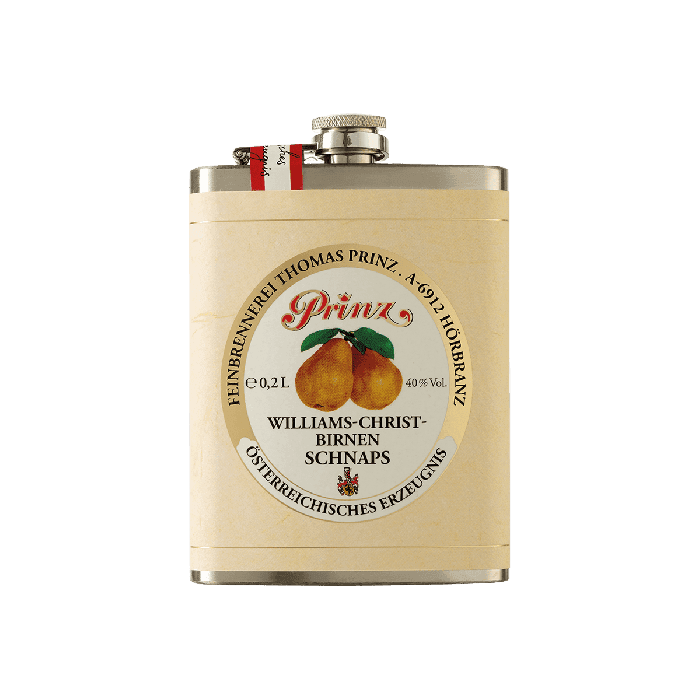Edelstahl-Flachmann mit Williams-Birnen Schnaps 40 % vol.