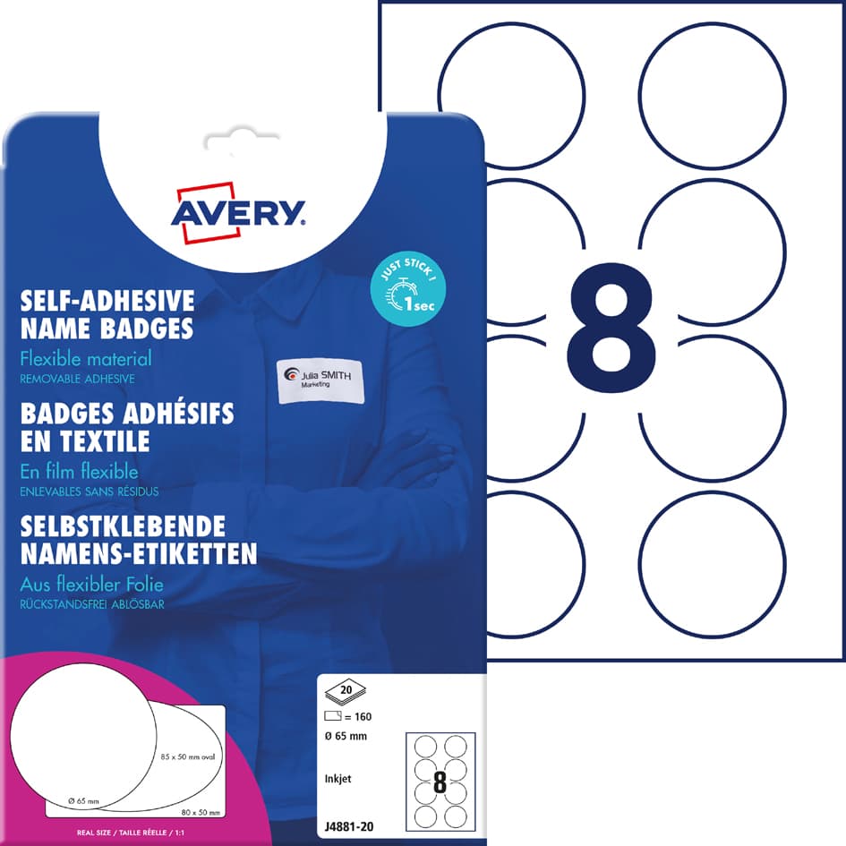 AVERY Zweckform Inkjet-Namens-Etiketten, 65 mm, rund, weiß