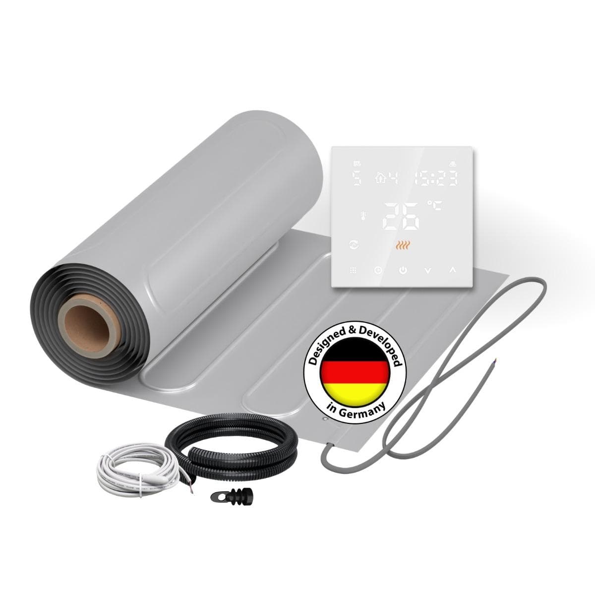 Elektrische Fußbodenheizung für Laminat: 2x Heizmatten WARMON ALU 150 W/m² (5+4 m²) inkl. TS 300 Thermostat weiß - 9 m²
