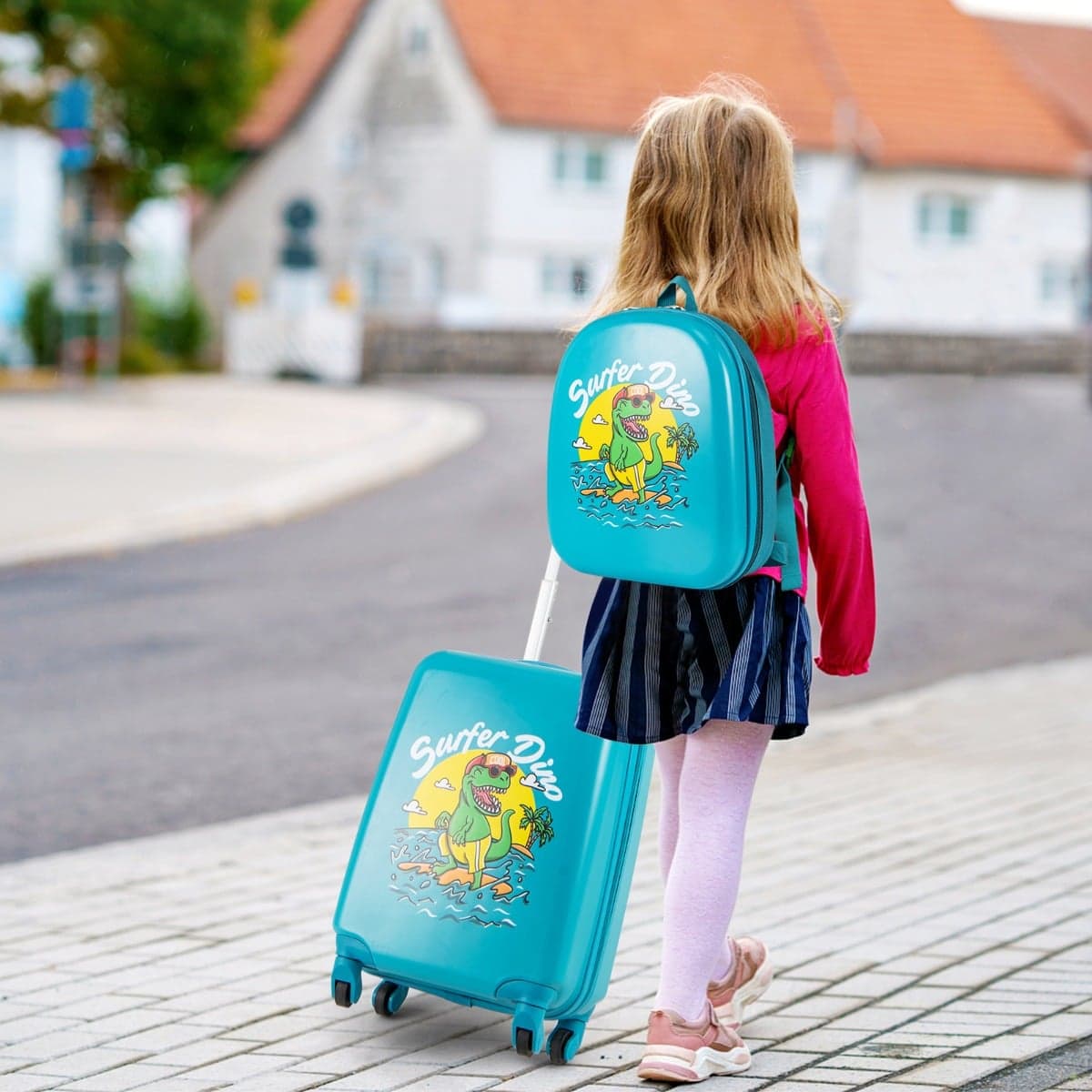 Costway 2tlg Kinderkoffer Set Kindergepäck mit Rädern 17" Handgepäck & 13" Hartschalen-Rucksack Dinosaurier Blau