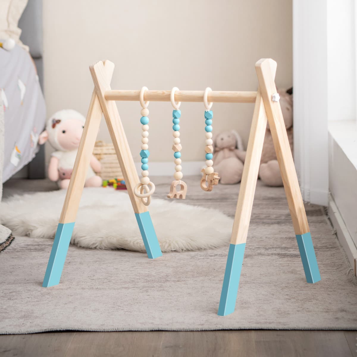 Costway Baby Gym Babyspielgerät Spieltrapez Spielbogen Holzspielzeug Aktivitätszentrum mit 3 Kinderspielzeugen-Grün