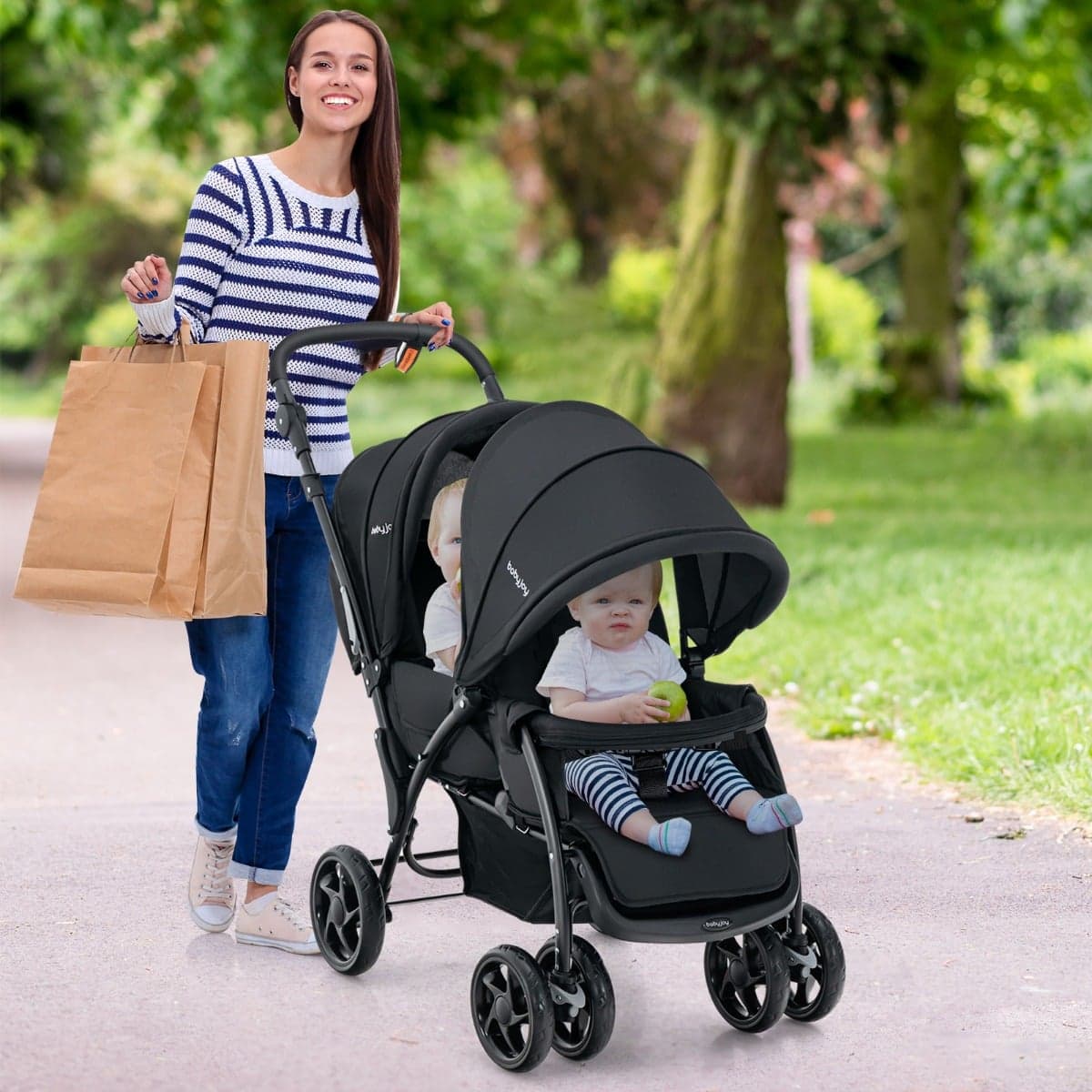 Costway Geschwisterwagen klappbar Zwillingswagen mit verstellbarer Rückenlehne & Verdeck 30 kg Belastbar Schwarz