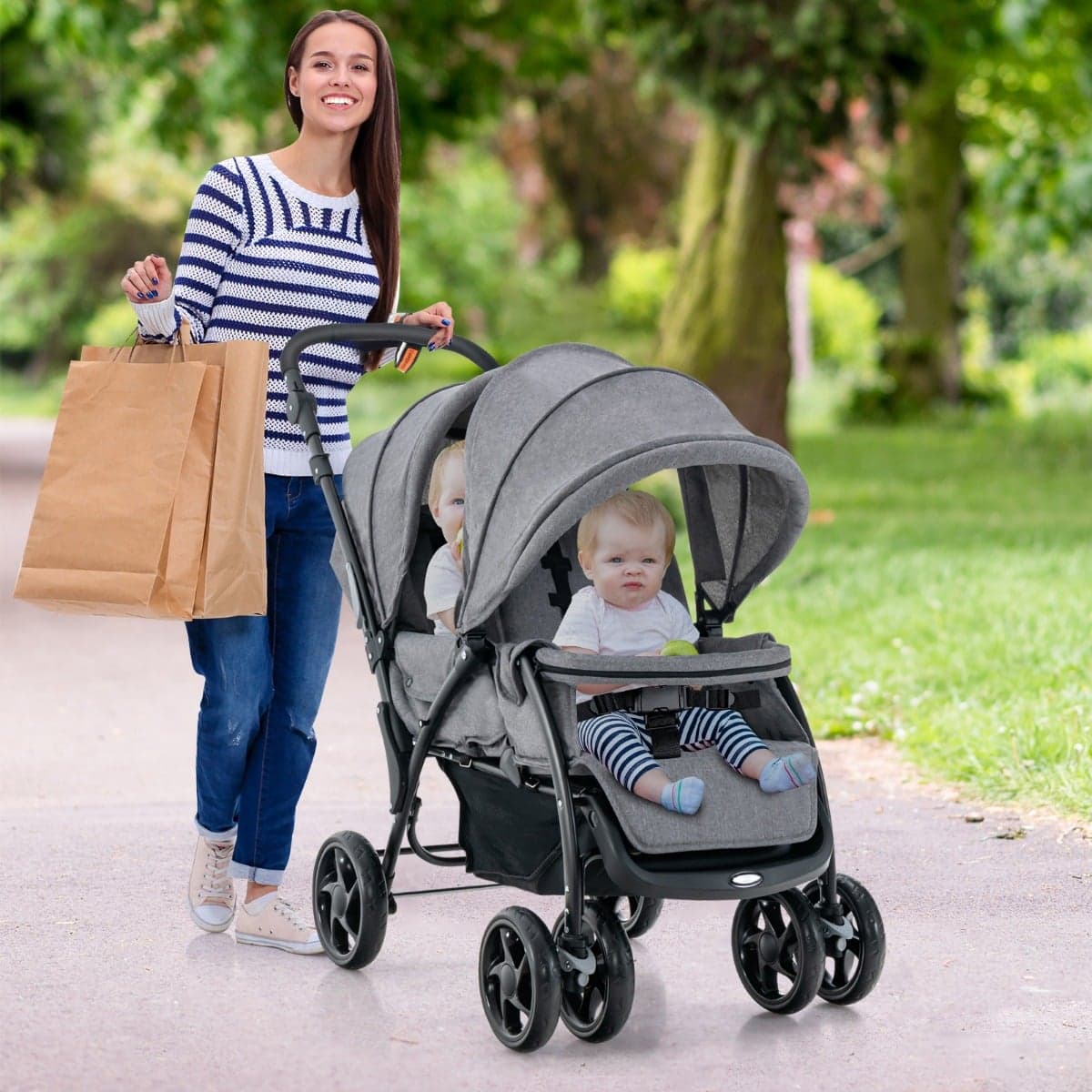 Costway Geschwister Kinderwagen Faltbarer Geschwisterwagen Zwillingswagen Zwillingsbugg Grau