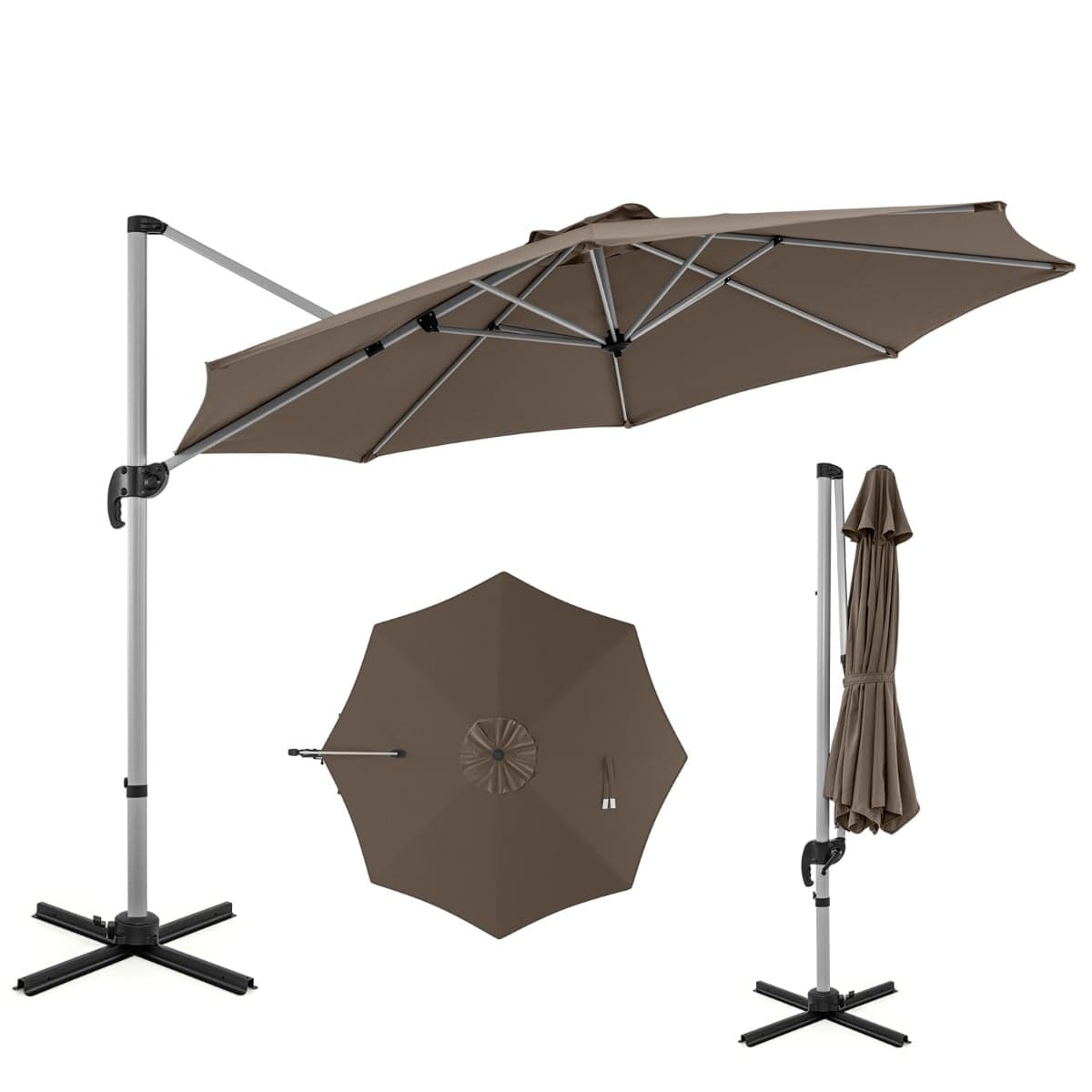 Costway Ø 330 cm Sonnenschirm mit Kurbel & UPF 50+ & 360° Drehbarer Ampelschirm Gartenschirm Braun