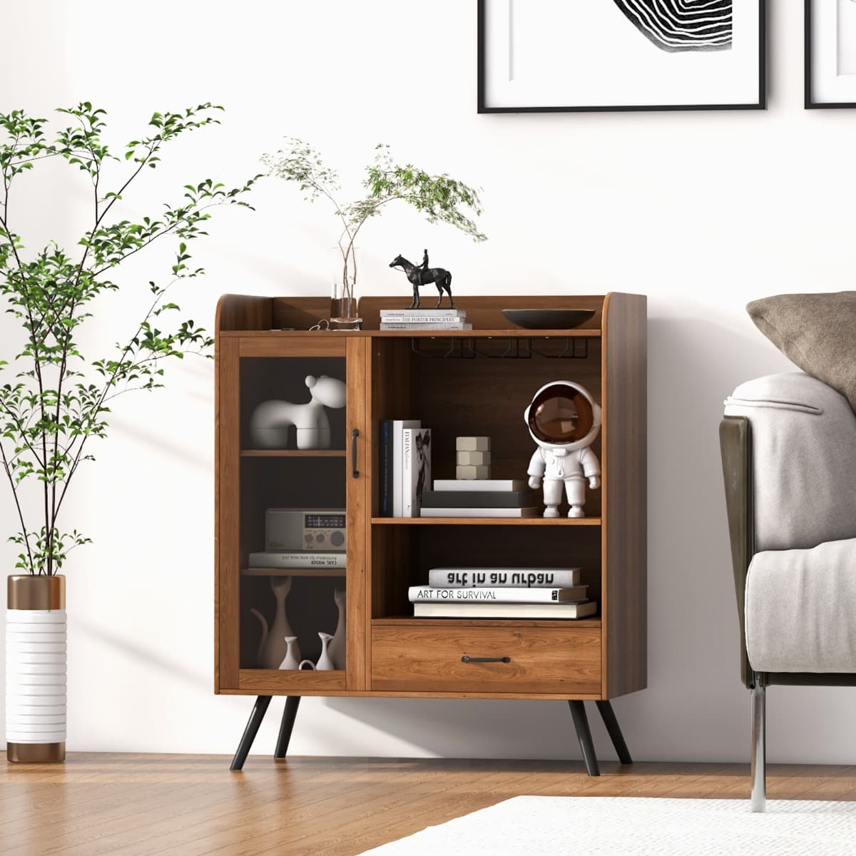 Costway Weinschrank für Zuhause Spirituosenschrank mit Tür & Schublade 80 x 40 x 95 cm Natur