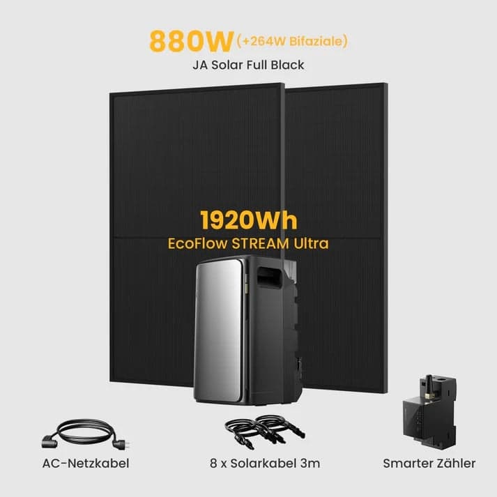 EcoFlow Stream Ultra All-in-One Speicher für Balkonkraftwerke, mit 2 x 440Wp Bifaziale Solarmodule