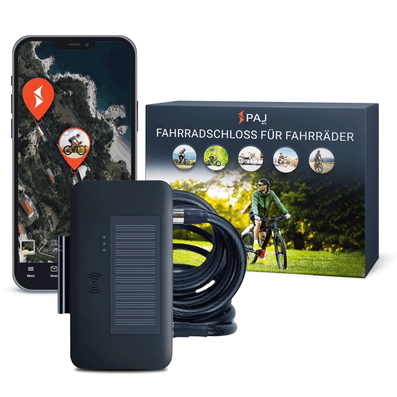 PAJ GPS Tracker Fahrrad & E-Bike mit Schloss | GPS Ortung, Diebstahlschutz, Live-Tracking, Geozaun, NFC Entriegelung, Solar-Ladung, 4G Netz