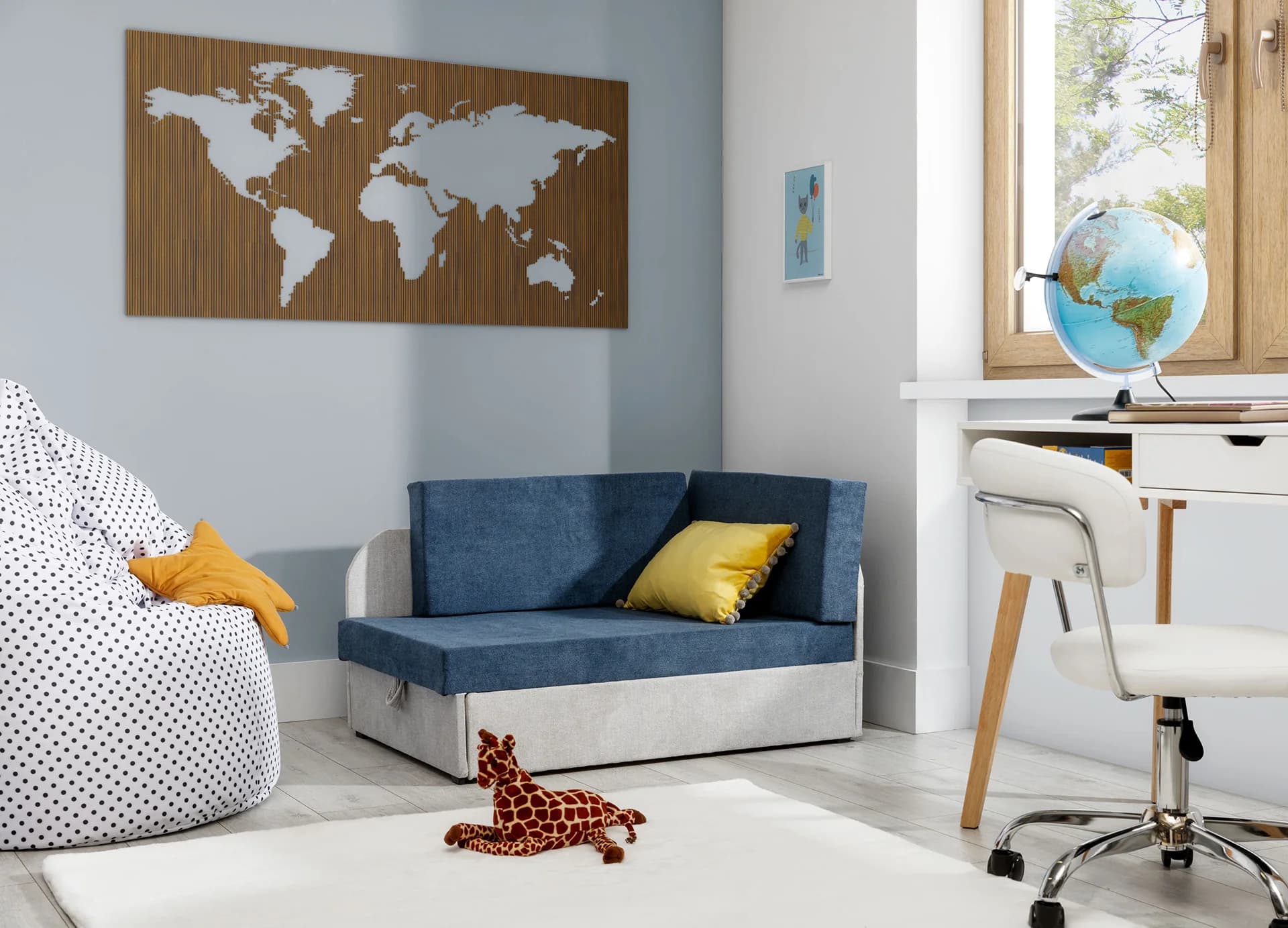 Kinderschlafsofa MIKAE - blau / hellgrau