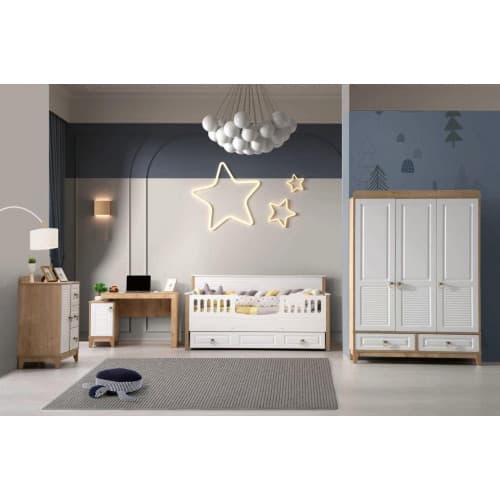 Kinderzimmer Set Bett Kleiderschrank Kommode Schreibtisch Weiß 4tlg