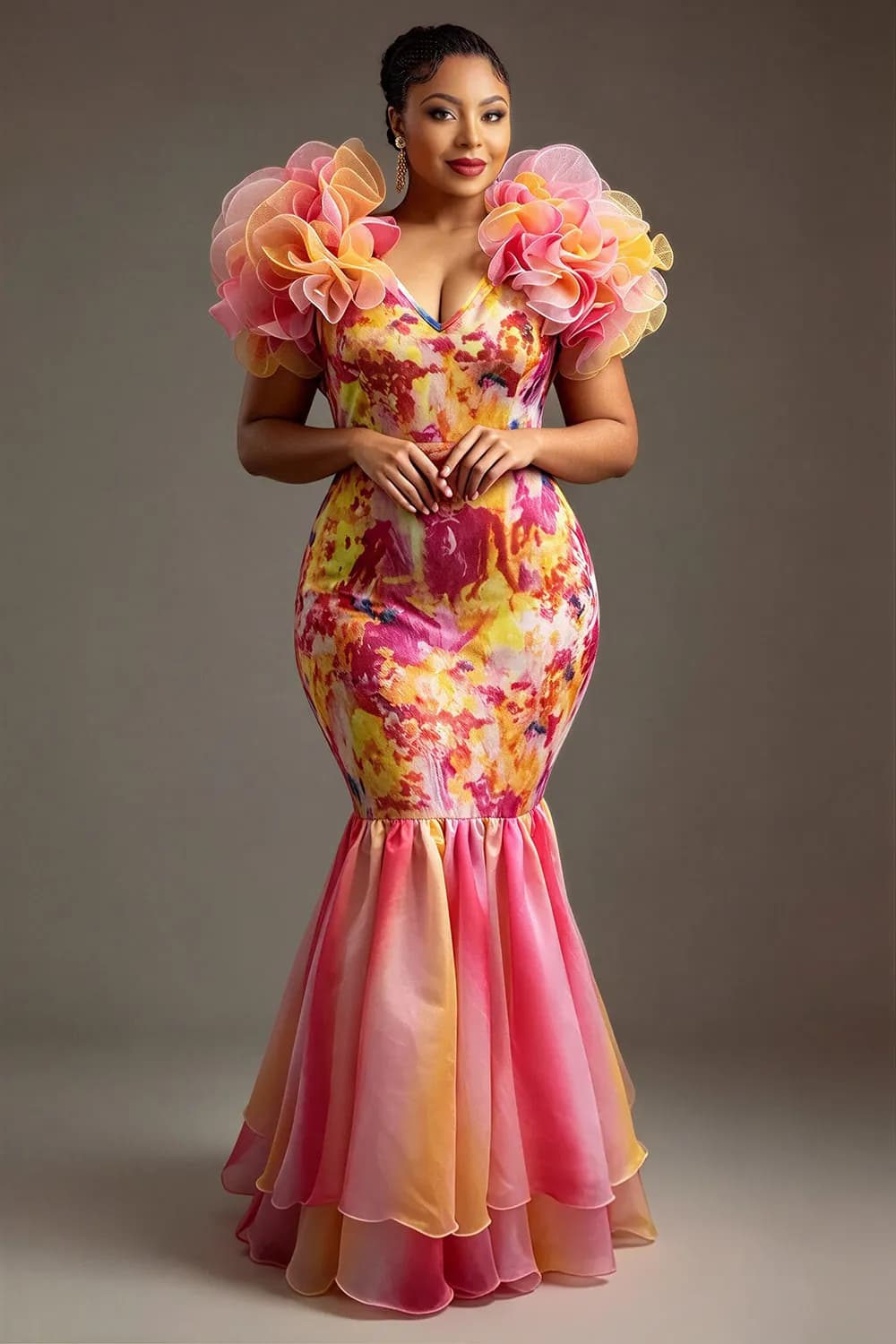 Xpluswear Design Plus Size Formal Multicolor Gradient V Neck Flutter Sleeve Mermaid Ruffle Tulle Maxi Dresses Multicolor-2XL/18-20