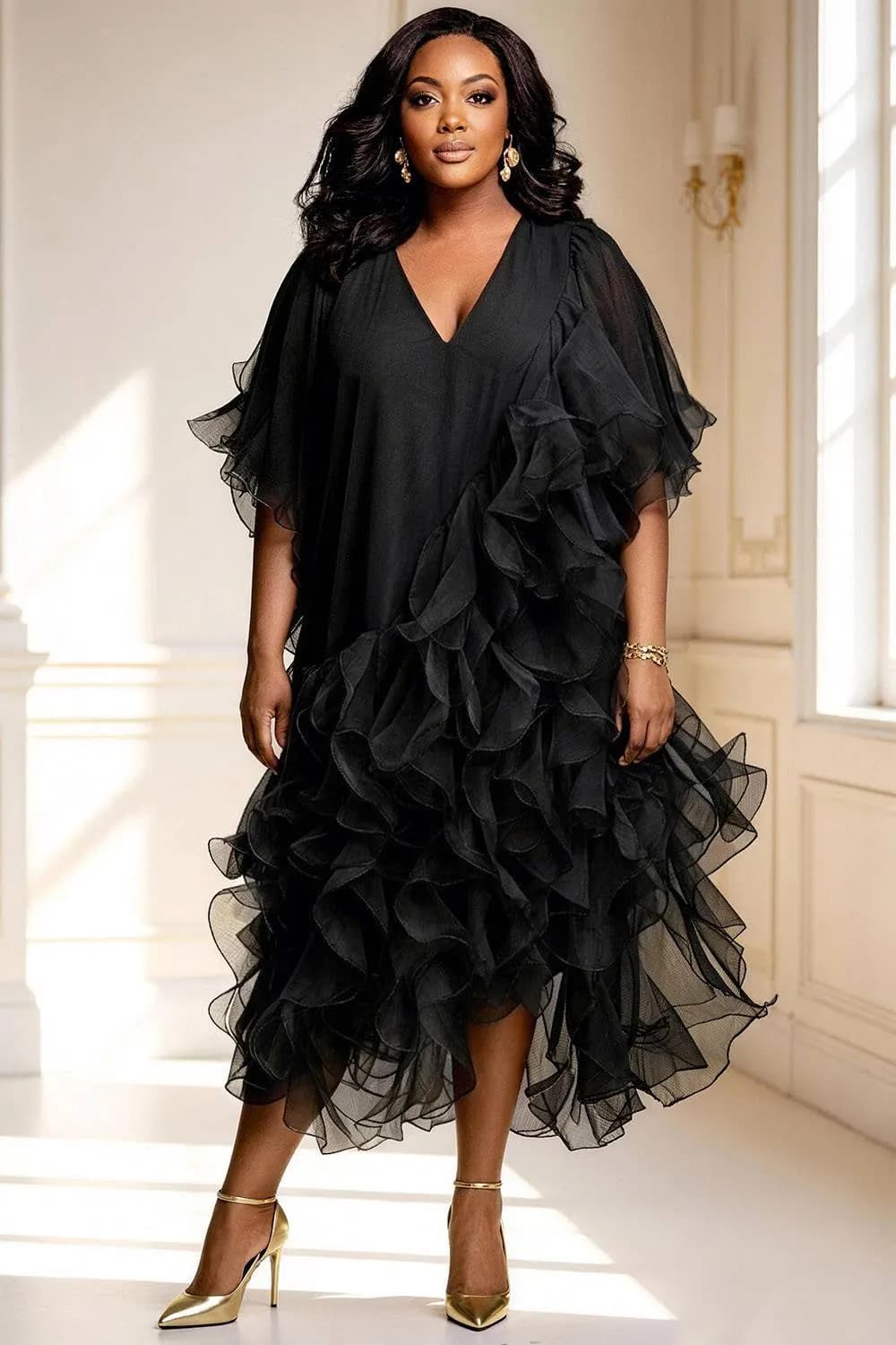 Xpluswear Design Plus Size Cocktail Party Black V Neck Short Sleeve Ruffle Tiered Chiffon Midi Dresses Black-5XL/28
