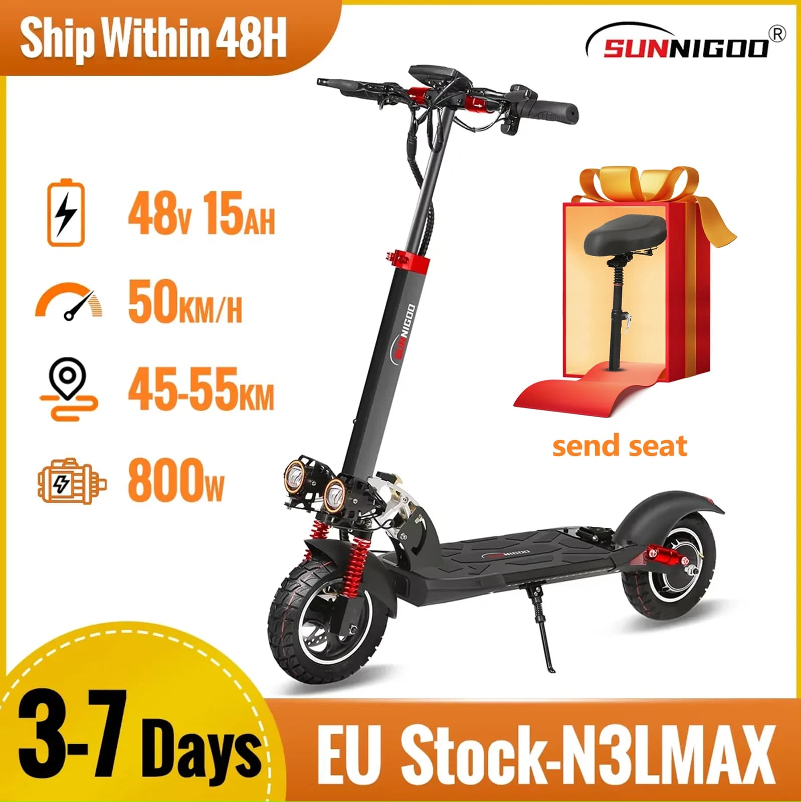 Elektroroller 800W Motor 48V13AH Akku Abnehmbarer Sitz E-Scooter für Erwachsene 10-Zoll-Reifen Stadt-Pendler Allterrain Faltroller
