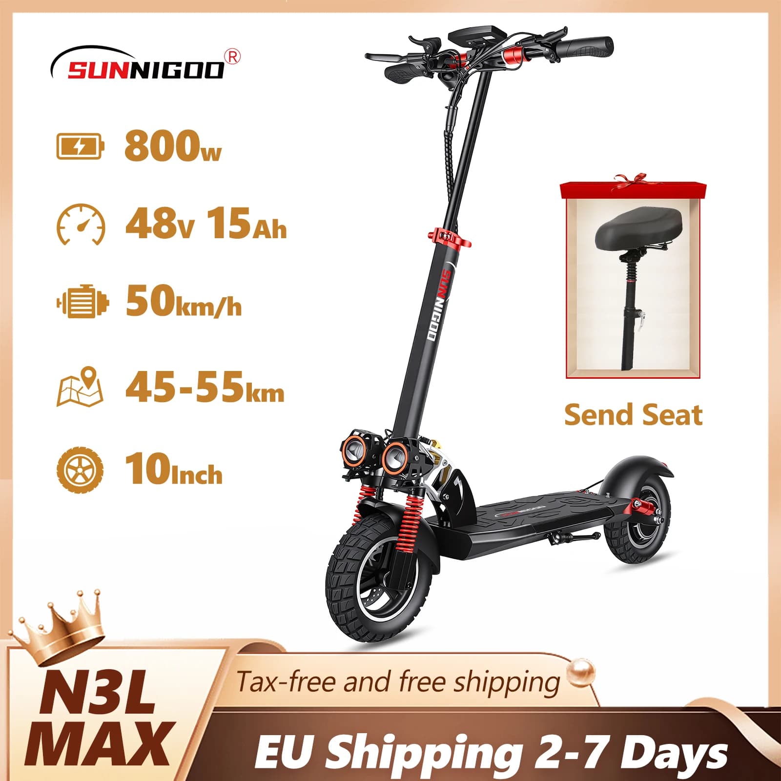 Elektroroller mit Sitz, 800W, Höchstgeschwindigkeit 45-50km/h, Reichweite 55km, 10 Zoll Offroad-Reifen, Doppel-Stoßdämpfung, faltbarer E-Scooter