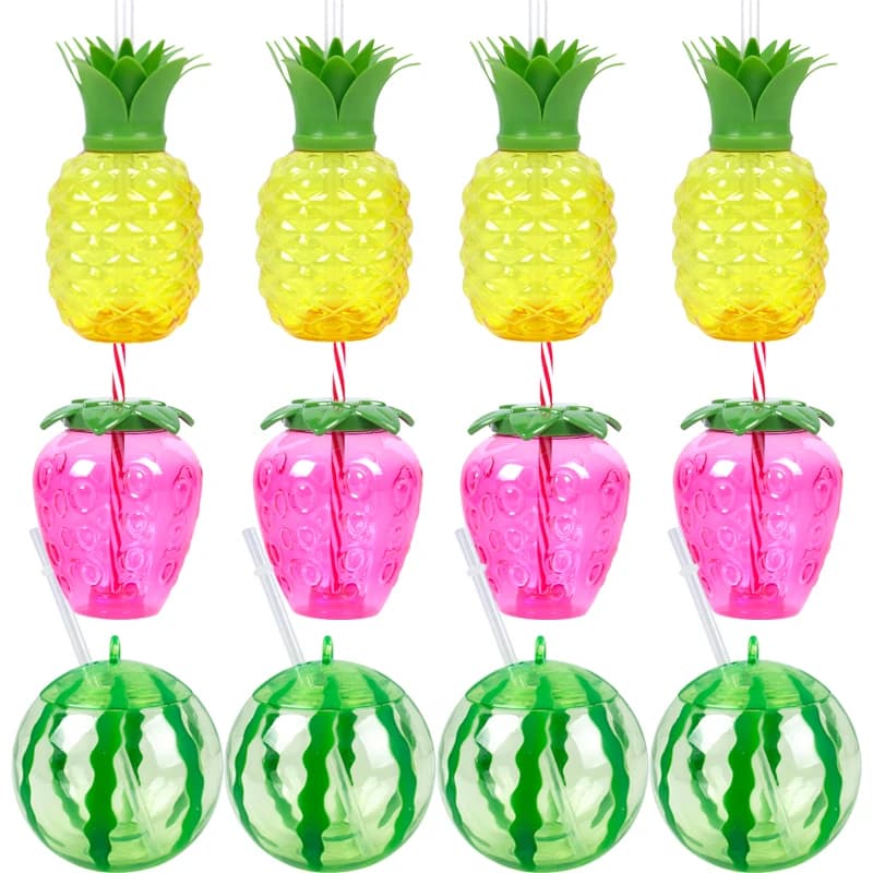 6/8 Stück Kunststoff-Trinkbecher in Ananas-/Erdbeere-/Wassermelonenform mit Strohhalm, hawaiianisches Dekor, Sommer, Strand, Pool, Partyzubehör