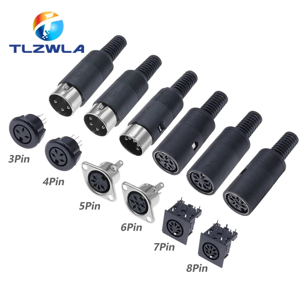 Lötanschluss DIN 3, 4, 5, 6, 7, 8-poliger DIN-Stecker, Buchse, mit Kunststoffgriff + Buchse, gegabeltes Chassis für Schalttafelmontage