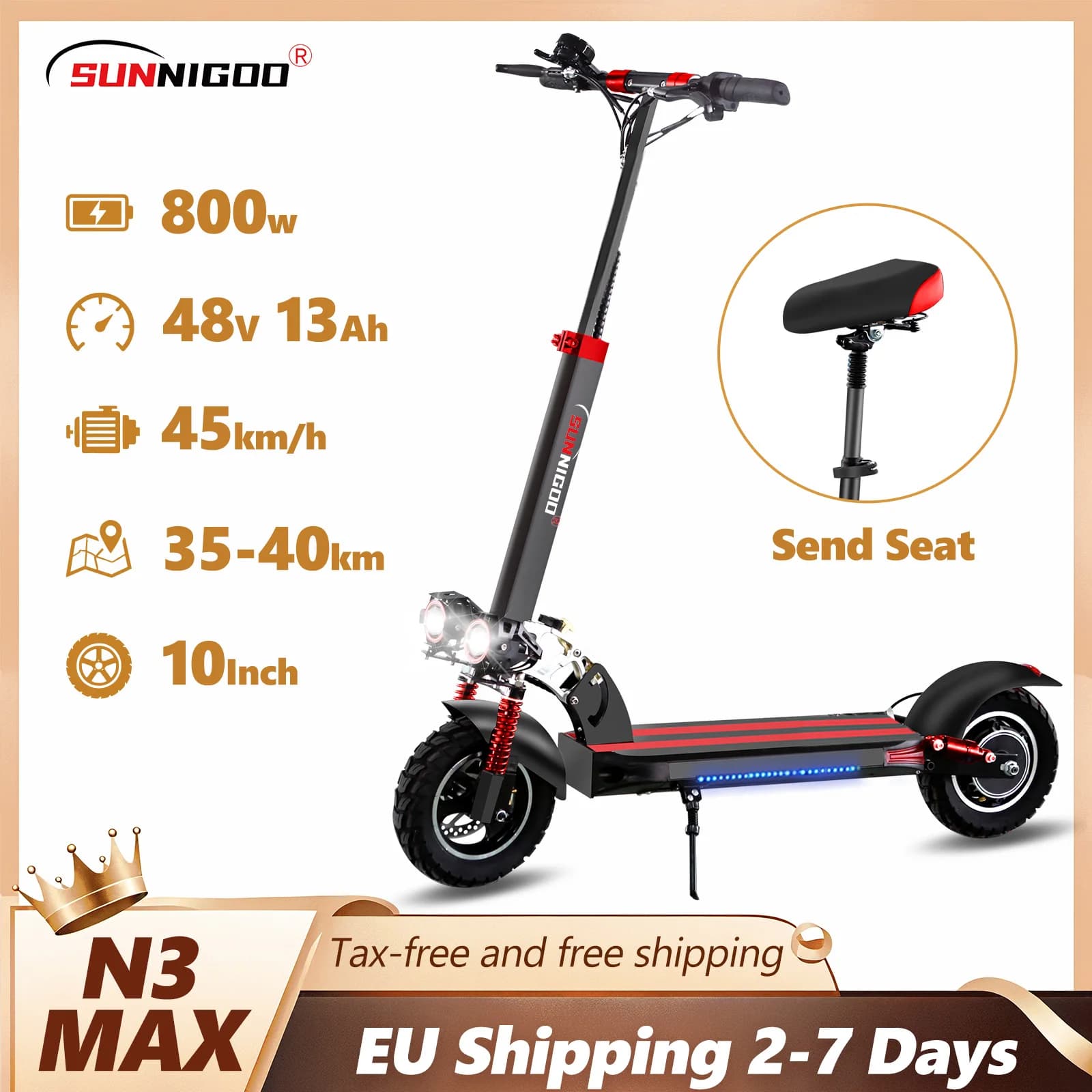SUNNIGOO Elektroroller für Erwachsene, 10 Zoll Offroad, 48V Lithium-Akku, Höchstgeschwindigkeit 45km/h E-Scooter mit Sitz, faltbar, große