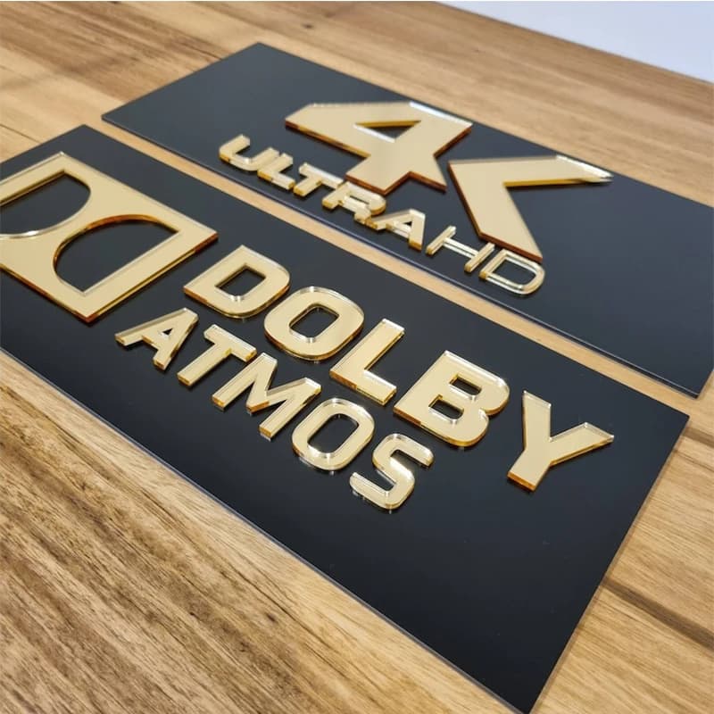 3D Gold Spiegel Heimkino-Schild - 4K Ultra HD THX KRIX DTS:X Dolby Atmos Acryl-Wandschild für Heimkino-Raum