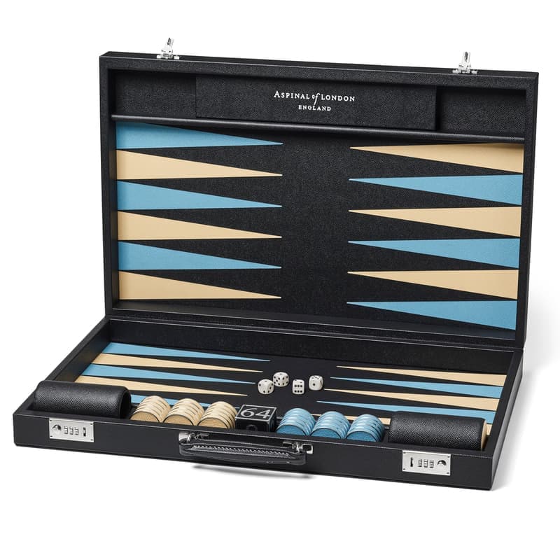 Aspinal of London 24-Zoll Grand Backgammon Set in Ebenholz & Himmelblauer Kieselstein