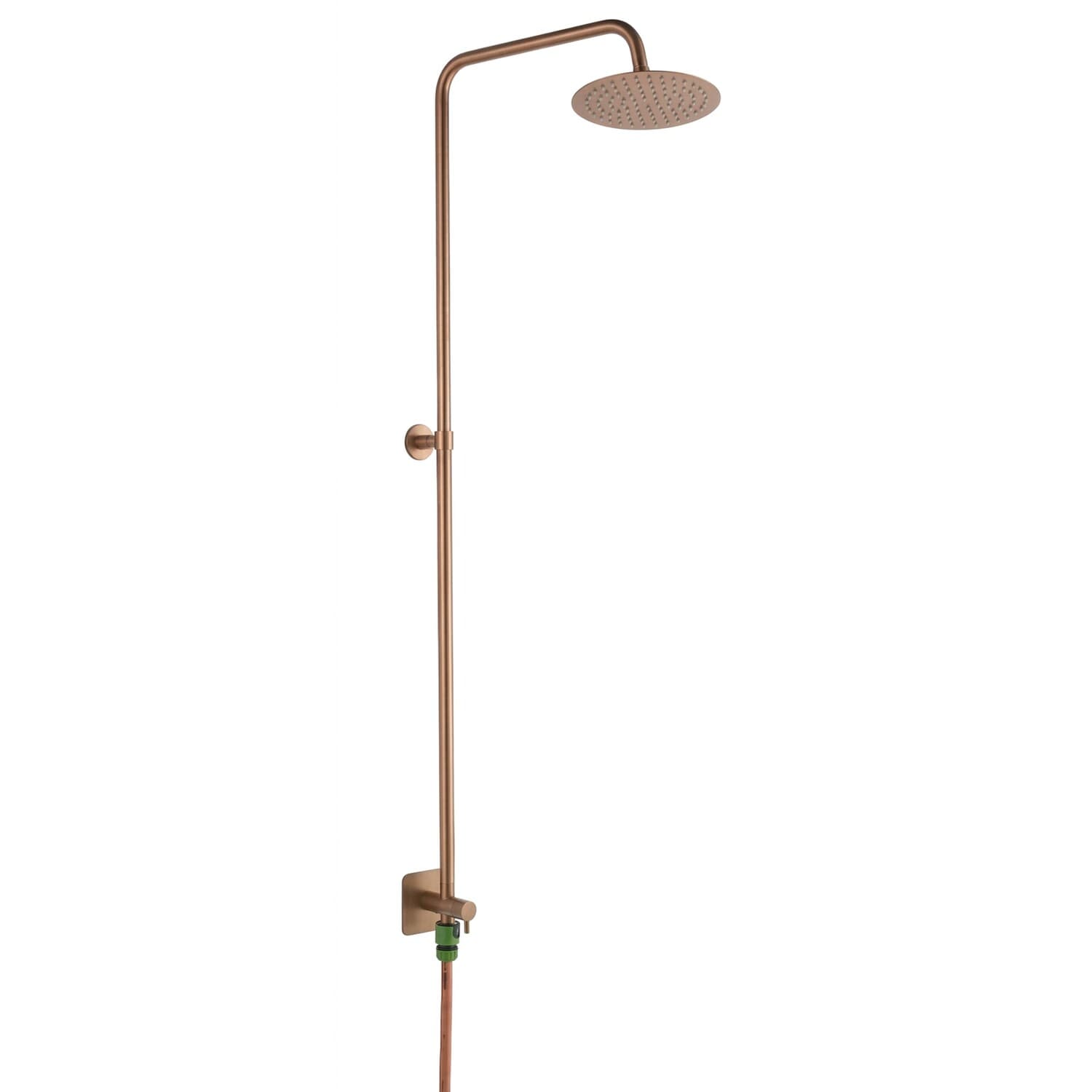 Lussero – Wandmontierte Außendusche aus Edelstahl 304 mit Kupfer-Finish und 20 cm Duschkopf (Kaltwasser, Anschluss an Gartenschlauch von unten)