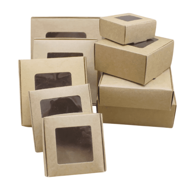 10 Stück Geschenkkartons 7,5 x 7,5 x 3 cm Kraftpapierboxen mit transparentem Fenster Verschiedene Farben Verpackungen für Süßigkeiten, Kerzen,