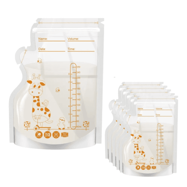 PE Muttermilchbeutel 250 ml 60 Stück BPA-frei Aufbewahrungsbeutel Auslaufsichere Beutel mit Giraffenmotiv Milch Einfrieren Stillen