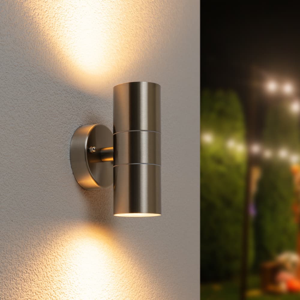 HOFTRONIC™ - Jasmin dimmbare LED-Wandleuchte - 2700K warmweiß - GU10 - Rund - Up & Down Licht - Rostfreier Stahl - IP44 für den Außenbereich