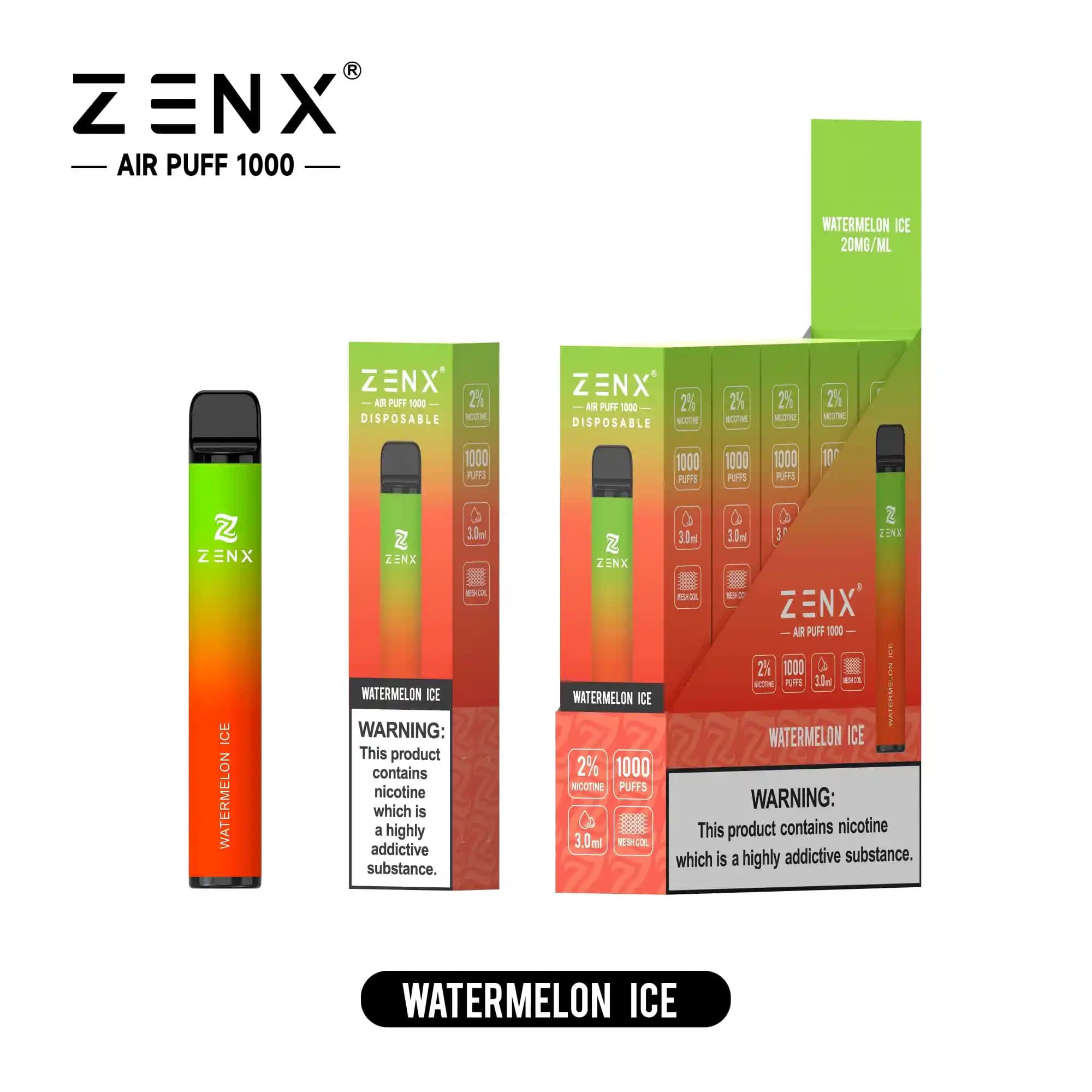 ZENX Air Puff 1000 Puffs Disposable Vape Pen - (Nic 2% 5 Vape/Box)(Watermelon ice(5 vape/box))