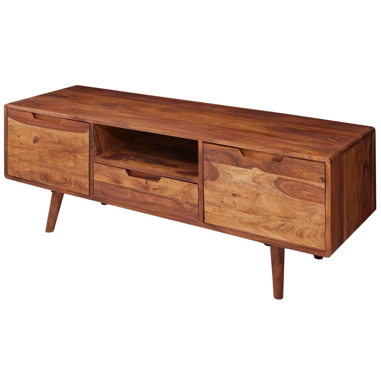 HiFi Lowboard Sheesham Massivholz Landhaus TV Kommode 135x51x45cm, Fernsehschrank Unterschrank mit Schublade & 2 Türen, Fernsehtisch Ablagefach,