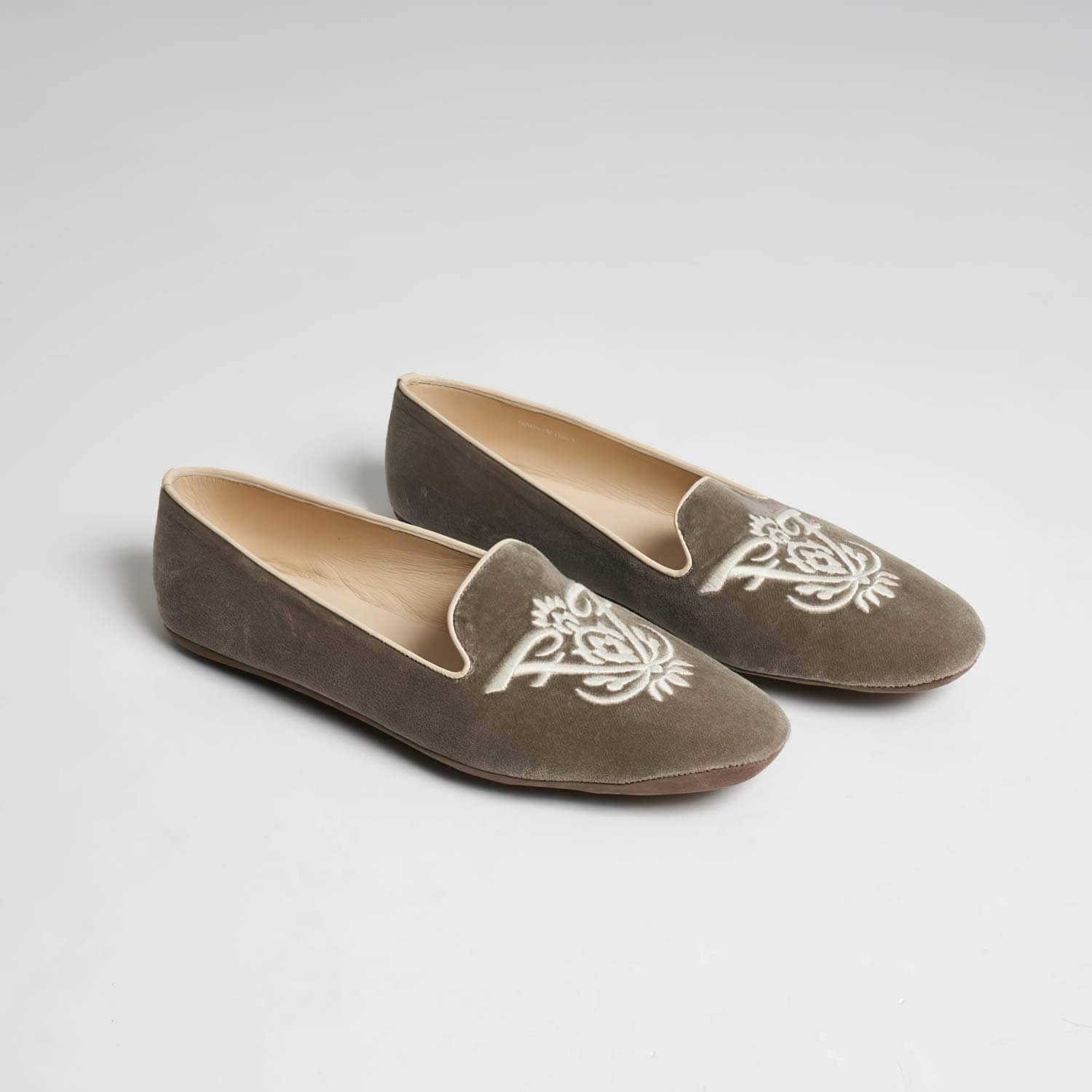 Frette Women's Icon Slipper in Grey Size 36, Cotton Velvet/Leather | Made in Italy
