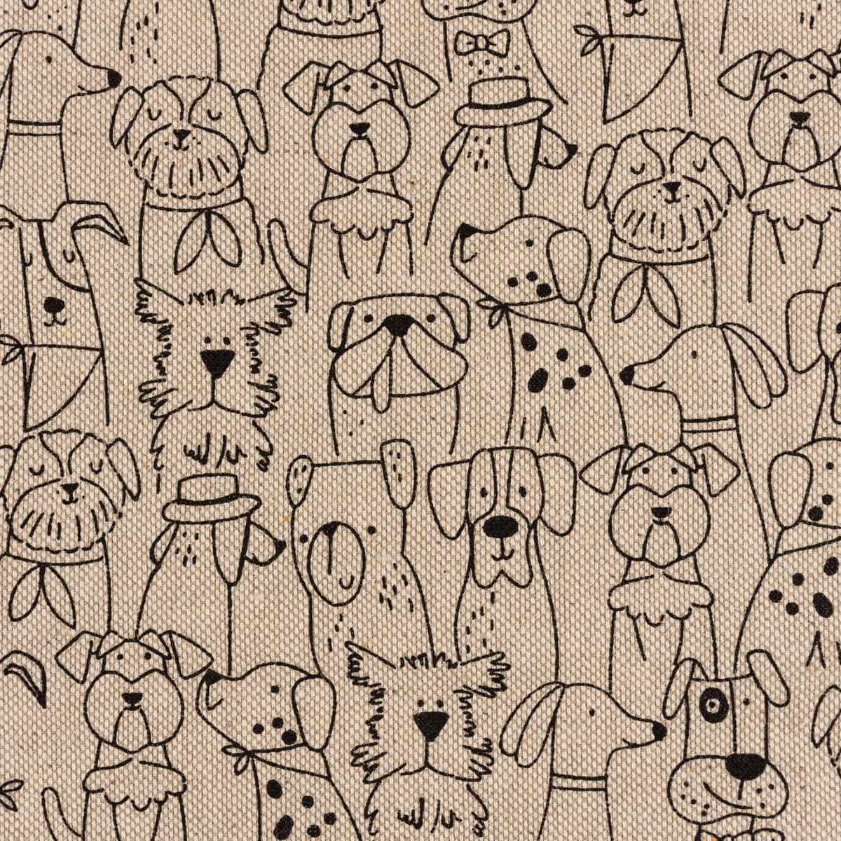 Dekostoff Kinderstoff Halbpanama Leinenlook Dog Cartoon Line Hunde natur schwarz 1,40m Breite