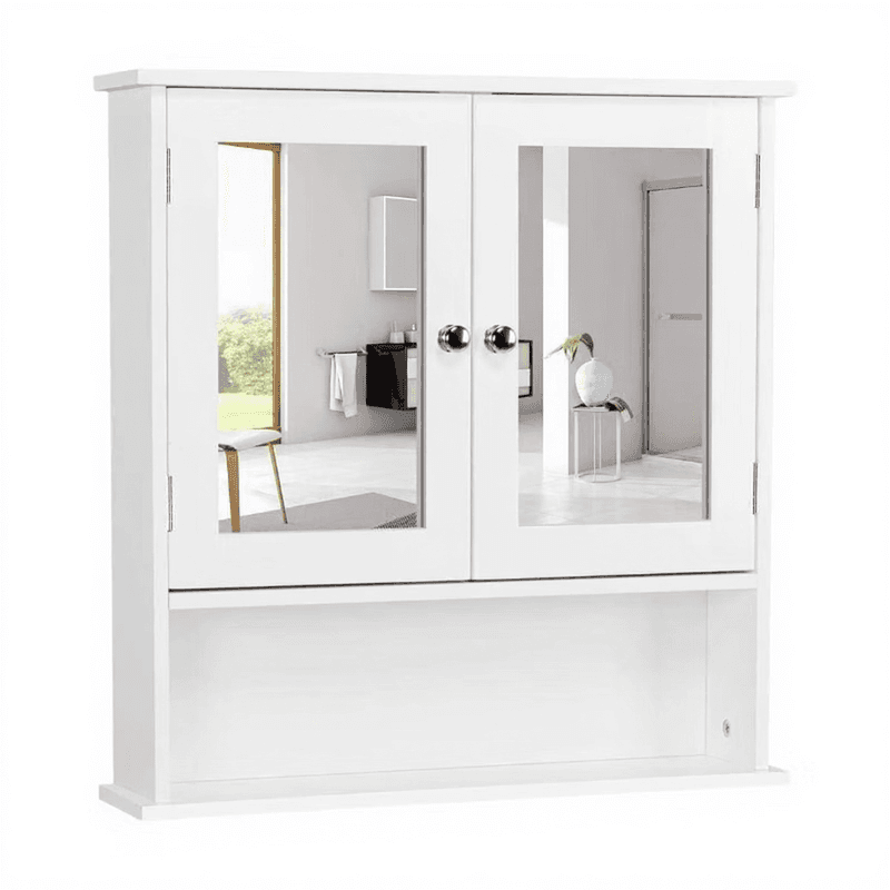 Yaheetech Spiegelkasten, Badezimmerschrank, Wandkasten mit Spiegeltür, Badezimmerspiegel mit Ablageböden, 56 cm x 13 cm x 58 cm, Weiß