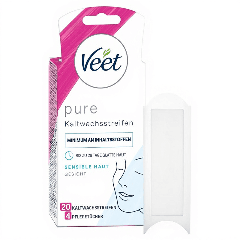 Veet Pure Cold Wax Haarentfernungsstreifen für die sensible Gesichtshaut, 20 Stück