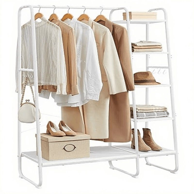 JOYFURNOS Kleiderstange mit Schuhregal 5 Ebenen Stauraum 6 Haken Wolke & Mattweiß