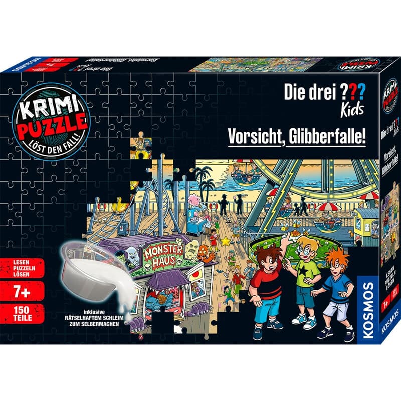 KOSMOS 683474 Krimi Puzzle Die drei ??? Kids Vorsicht Glibberfalle, 150 Teile, Schleim selbermachen, Lesen, Puzzeln, Rätsel lösen, für Kinder ab 7