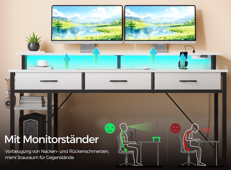 Computer-Schreibtisch mit USB-Anschlüssen, Stromanschlüssen, LED-Beleuchtung, Schubladen & Ablagefach, umkehrbarer Eck-Schreibtisch für Gaming mit