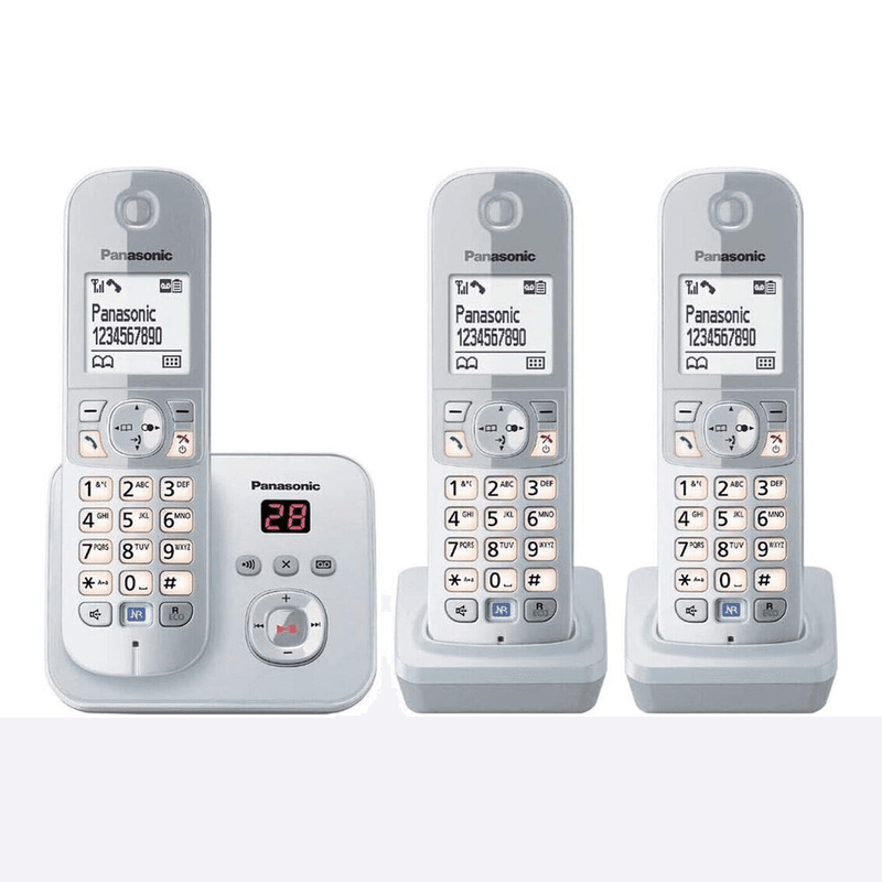 Panasonic KX-TG6823GS DECT Schnurlostelefon mit Anrufbeantworter (3 Mobilteile, strahlungsarm, Eco-Modus, GAP-kompatibel, Festnetz) Perlsilber