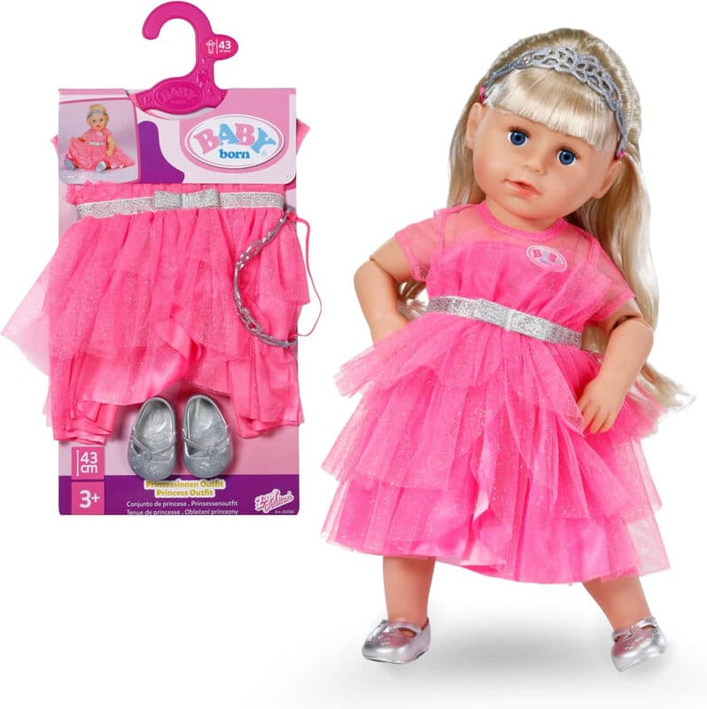 Baby Born Prinzessin-Set – mit rosa Tüll-Puppenkleid, Krone & Glitzer-Schuhe – Kleidung geeignet für Puppen in Größe 43 cm