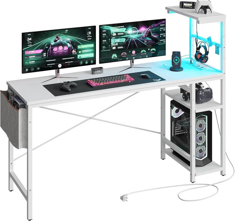Bestier 155 cm Eck-Computertisch mit Steckdosen, Computertisch mit LED-Beleuchtung, Reversibler Tisch mit Seitentasche, Aufbewahrungstasche &