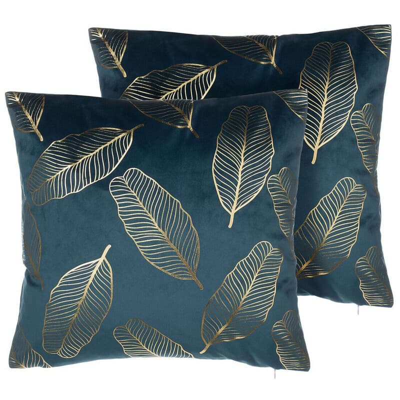 Beliani 2er-Set Samt-Kissen mit Blattmuster, 45 x 45 cm, Türkisblau, FREESIA