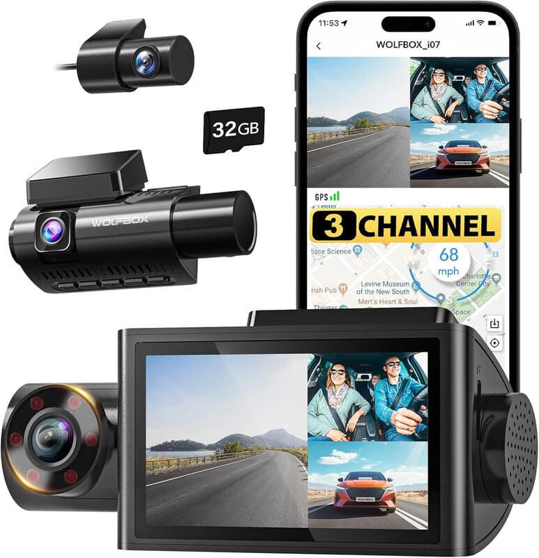 WOLFBOX i07 3-Kanal-Dashcam mit integriertem WLAN und GPS, 4K-Dashcam für Front- und Innenbereich, 1440P+1080P+1080P Triple-Car-Kamera mit