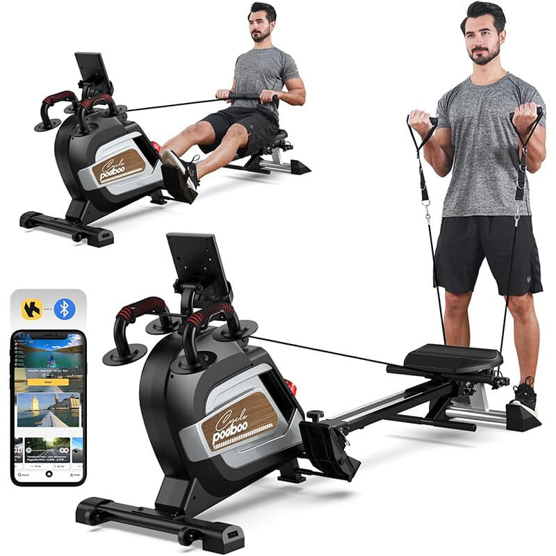 Pooboo Magnetisches Rudergerät 360 LB Belastbarkeit, klappbarer Ruderergometer mit Krafttraining-Kombination, Tablet-Halter und bequemer