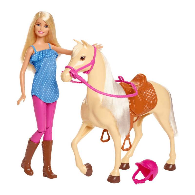 Barbie-Puppe und Pferdespielzeug, Reitzubehör, 1 Puppe und 1 Pferd enthalten, als Geschenk für Kinder ab 3 Jahre geeignet, FXH13