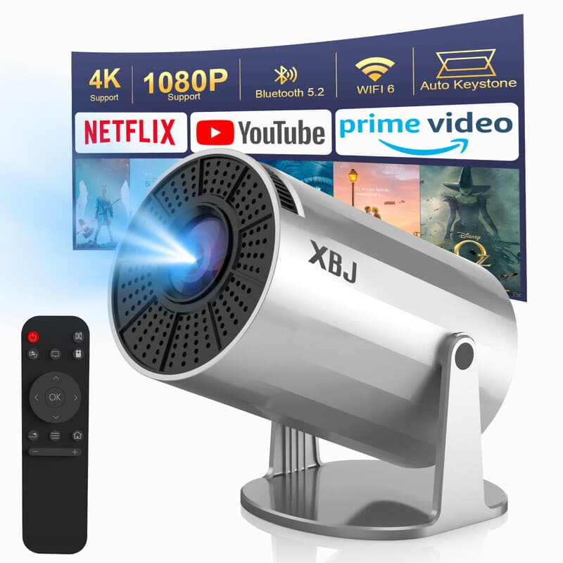 【Lite Entertainment | Verbesserte Version】XBJ Tragbarer Silber-Beamer mit WiFi 6 & Bluetooth 5.2, Smart Mini-Beamer, 1080P HD