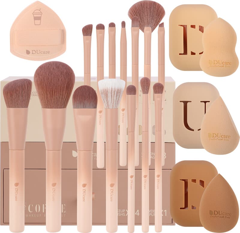 DUcare The Coffee Series Luxus Make-up Pinsel 14 Stück und 3 Stück Make-up Schwämme als Festtags-Geschenk mit eleganter Geschenkbox