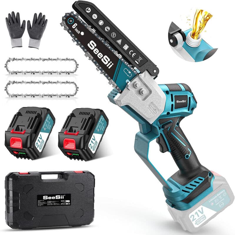 SEESII Bürstenlose Mini-Hand-Kettensäge, 6 Zoll, mit 2 x 4000 mAh Akkus, Einhand-Akku-Kettensäge mit automatischem Ölspender, kompatibel mit