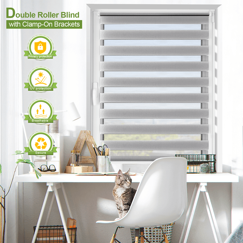 EcoHue DuoRollo Klemmfix Doppelrollo, Ohne Bohren, Mit Klemmträgern, Für Fenster und Türen, Hellgrau, B 55 cm x H 150 cm, 1 Stück
