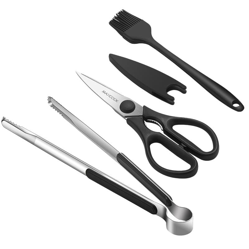 Maxcook 3-teiliges Edelstahl-BBQ-Zubehör-Set - BBQ-Zange, Öl-Pinsel, Schere-Set (Schwarz) MCPJ9562