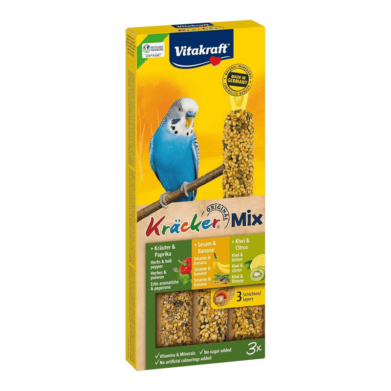 Vitakraft Vogelsnack Sittich Kräcker Mix Banane, Kräuter, Kiwi, 1 x 3 St