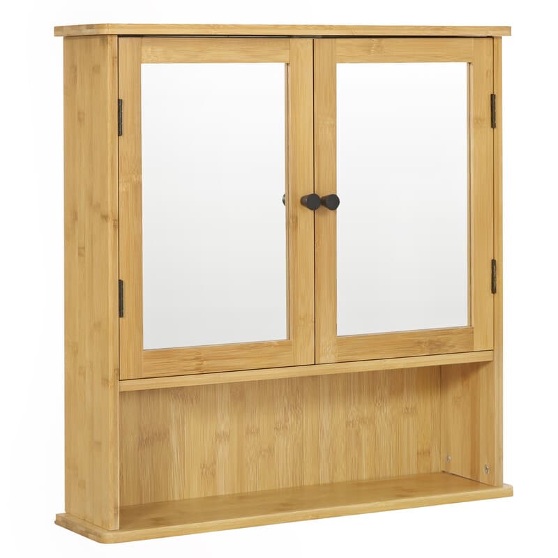 EUGAD Badezimmerschrank mit Spiegel, Wandmontierte Aufbewahrung mit verstellbaren Regalen, Bambus, 56x58x14 cm