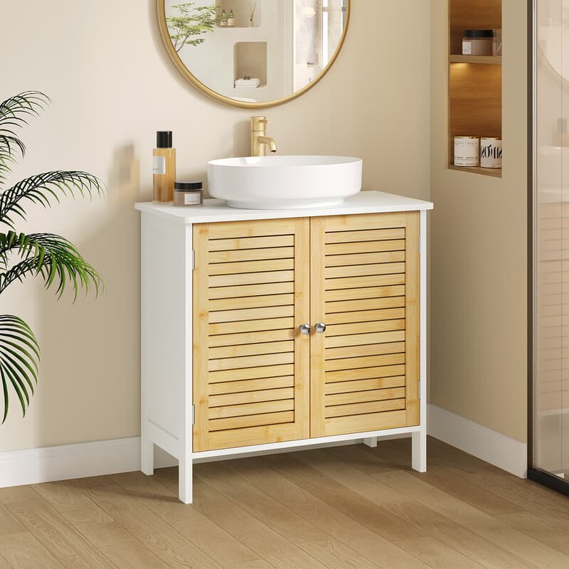 EUGAD Waschbeckenunterschrank, Doppeltür-Stauraum, Bambus MDF, 60x60x30 cm, Weiß + Bambus
